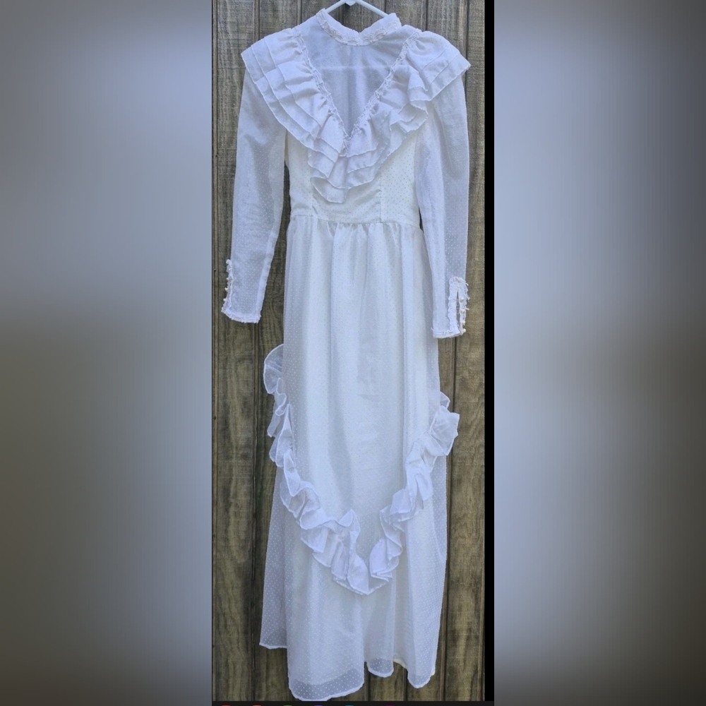 Vintage 1970s ? Swizz Dot Ruffle Wedding Dress Women's Sz 5/6 Retro Prairie Boho